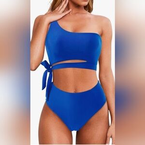 Women's One Shoulder High Waisted Bikini Tie High Cut 2 Piece Swimsuit NWOT